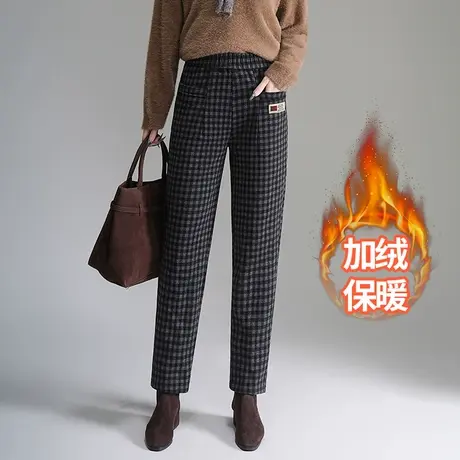 加绒格子小脚裤休闲裤女2025秋冬新款高腰显瘦毛呢裤九分哈伦裤子商品大图