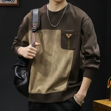 重磅潮牌卫衣男秋冬款圆领男款衣服秋季23新款长袖大码撞色麂皮绒商品大图