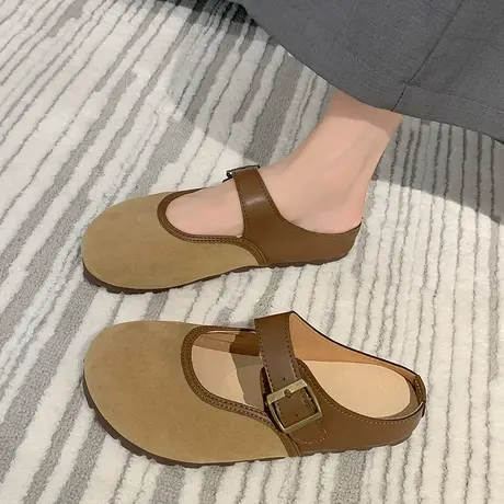 小众皮带扣包头半拖鞋女2023秋季新款复古日系休闲平底丑萌勃肯鞋图片