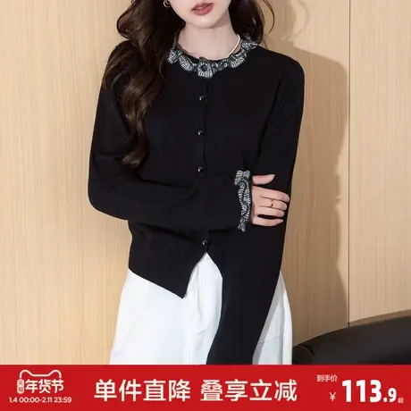 唐狮春秋季新款毛衣女显瘦格子领口花边拼接设计感针织开衫淑女风商品大图