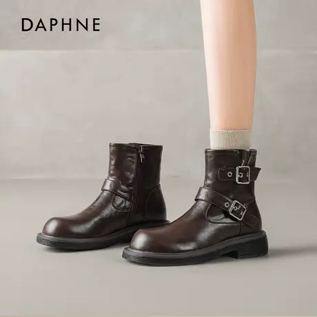 达芙妮马丁靴女2026秋冬季新款加绒平底圆头短靴美拉德棕色骑士靴图片