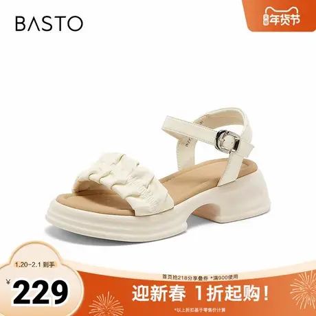 百思图2024夏季新款商场同款时髦简约一字带粗跟女凉鞋WZF23BL4图片