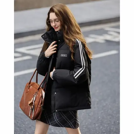 唐狮冬季短款羽绒服女士撞色加厚保暖防寒运动风羽绒外套黑色tuTA图片