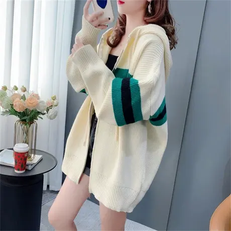 撞色条纹连帽毛衣开衫女秋季2022年新款宽松慵懒风拉链上衣外套潮商品大图