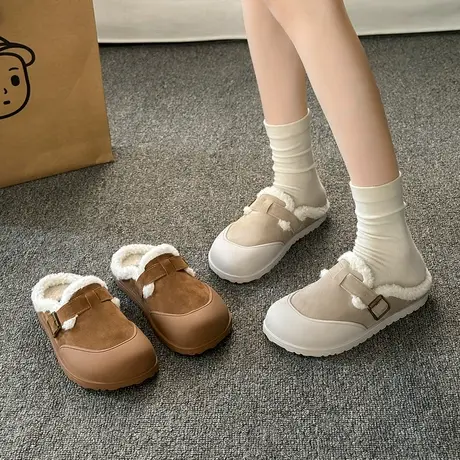 秋冬季加绒保暖棉鞋毛毛拖鞋女外穿2023新款复古勃肯鞋包头半拖鞋商品大图