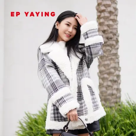 EP YAYING雅莹女装 廓形格纹毛领羊毛大衣外套 商场同款8218A商品大图
