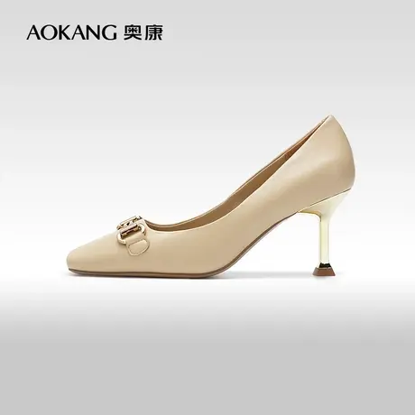 【门店发货】奥康女鞋 2023秋季新款真皮浅口高跟鞋优雅方头单鞋图片