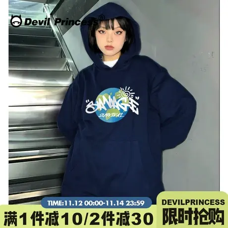 无性别穿搭街头风潮牌藏蓝色连帽卫衣女大版超火秋冬加绒款上衣图片