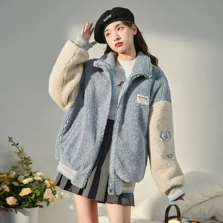 唐狮仿羊羔毛外套女装秋冬款加厚小个子立领棒球服短款百搭上衣潮图片