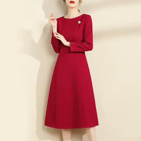 水墨青华2024春季新品优雅修身红色A字裙显瘦百搭打底连衣裙图片