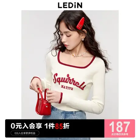 乐町方领修身短上衣女美式休闲字母打底衫2023秋季新款长袖针织衫商品大图