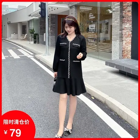 【清仓】新款气质V领显瘦大码胖MM连衣裙直筒宽松减龄遮肉荷叶摆商品大图