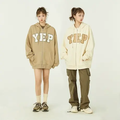 yep开衫卫衣女2025新款春秋美式复古字母连帽运动拉链外套ins女装图片