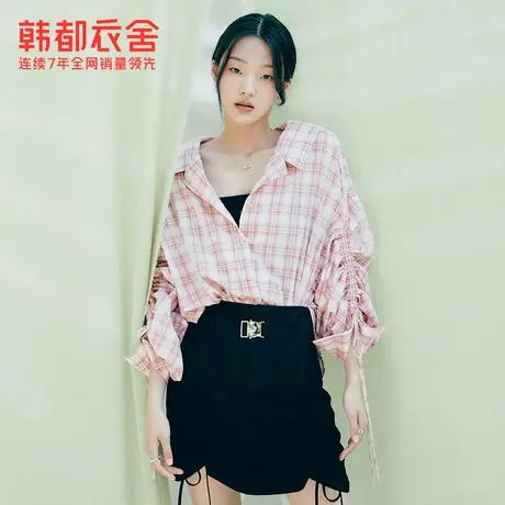 韩都衣舍中长款格纹衬衫女秋冬新款后背镂空薄款上衣UF0355商品大图