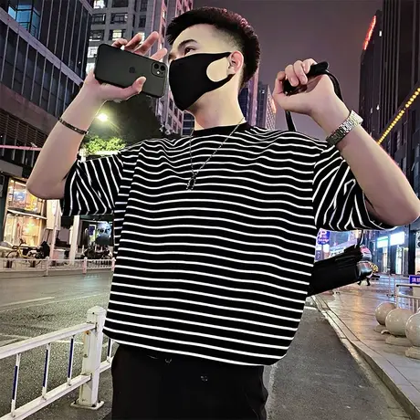 男生条纹短袖t恤夏季ins潮牌宽松高街五分袖韩版潮流高街时尚体恤商品大图