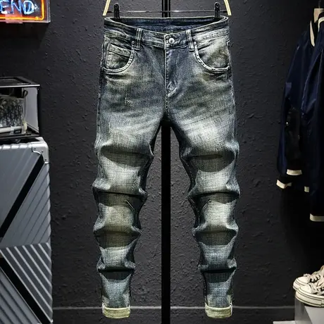 牛仔裤男复古做旧修身小脚乞丐裤春夏款高端潮牌长裤子显瘦小直筒商品大图