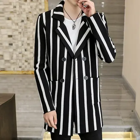 秋季英伦风衣男士中长款韩版潮流条纹开衫针织大衣外套帅气线披风商品大图