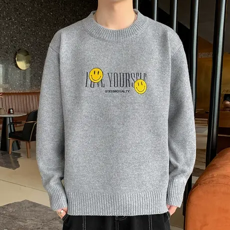 2025秋冬新款男士圆领毛衣休闲宽松长袖针织衫潮流笑脸绣花打底衫商品大图