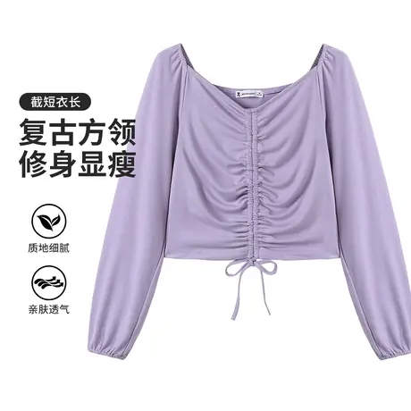 真维斯Z+女装 方领合身短款长袖上衣辣妹风休闲抽绳设计长袖T恤商品大图