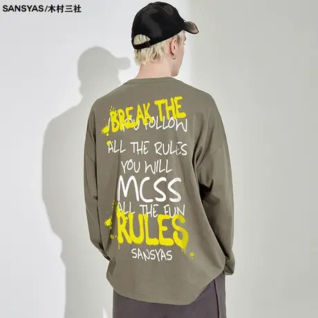 木村三社SANSYAS 涂鸦印花美式复古t恤长袖全棉春秋季宽松上衣商品大图