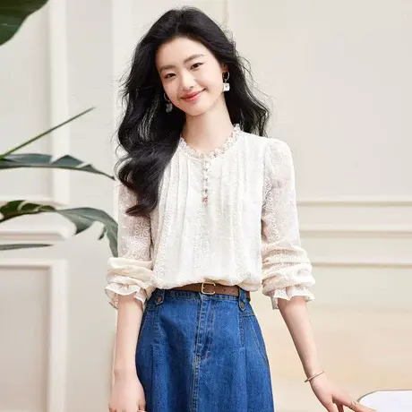 时尚气质温柔圆领长袖衬衫2023年春季新款淑女甜美宽松显瘦上衣图片
