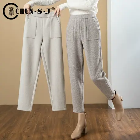 松紧腰毛呢裤女秋冬2023新款咖色羊毛呢子裤子锥形休闲小脚哈伦裤商品大图