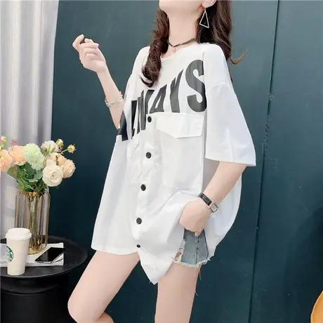 设计感休闲短袖T恤女中长款欧货大码拼接半袖体恤夏装2023年新款商品大图