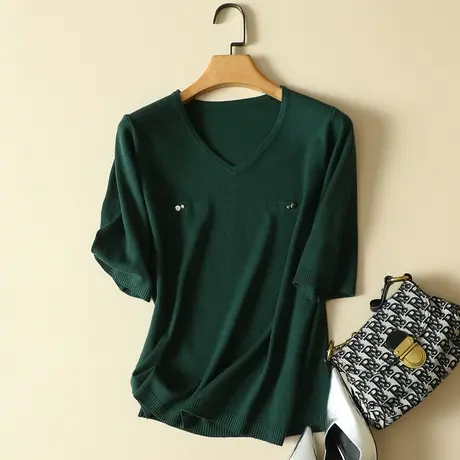 安迪绒V领2024年针织衫春装新款女中袖宽松打底毛衣上衣洋气薄款图片