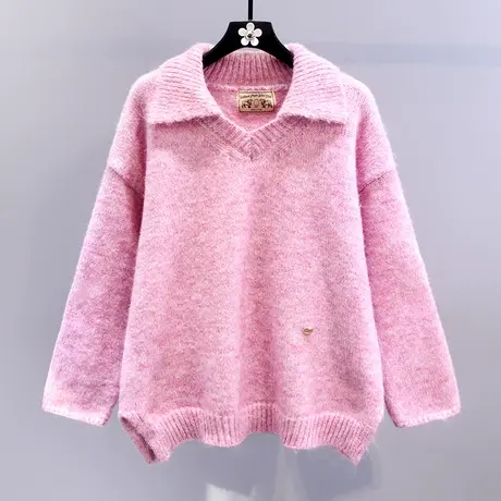 日系软糯学院风polo领毛衣女秋冬2023新款宽松高级感加厚针织上衣商品大图