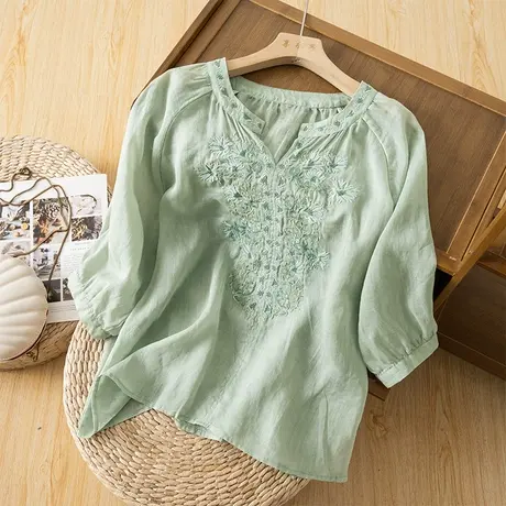享永子七分袖苎麻刺绣上衣女文艺复古半开领棉麻小衫2023夏季新款商品大图