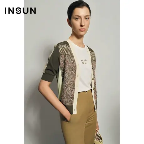 INSUN恩裳夏季拼接复古开衫修身针织衫商品大图