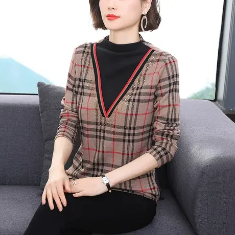 秋冬装半高领长袖打底衫女2023新款格纹拼接漂亮妈妈装内搭上衣女商品大图