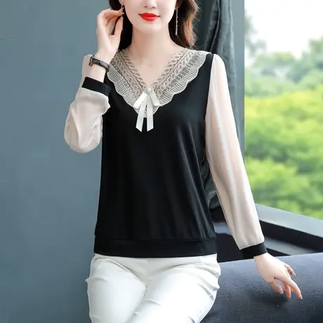 黑色漂亮女雪纺接拼小衫2023年秋季新款减龄V领蕾丝长袖打底衫女商品大图