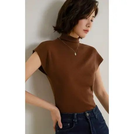 弥古黑色高领针织上衣女春季短袖法式打底坎肩修身高级感显瘦内搭商品大图