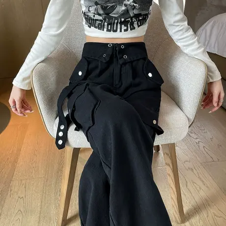 欧美辣妹阔腿工装裤女春秋休闲裤高腰翻边宽松显瘦黑色直筒牛仔裤商品大图