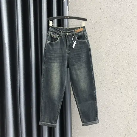 个性贴布哈伦裤女2023秋冬新款复古磨白加绒高腰显瘦老爹牛仔长裤商品大图