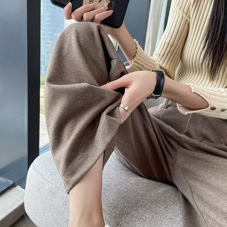 毛呢阔腿裤女2023秋冬新款高腰垂感直筒宽松加绒加厚休闲拖地长裤商品大图