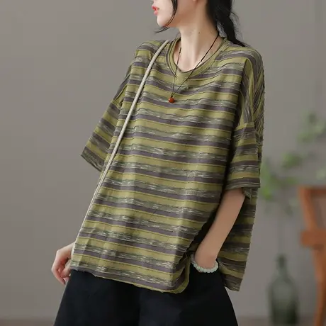 dza 复古纯棉黑白条纹短袖t恤女士夏季宽松短款上衣薄款打底体恤商品大图