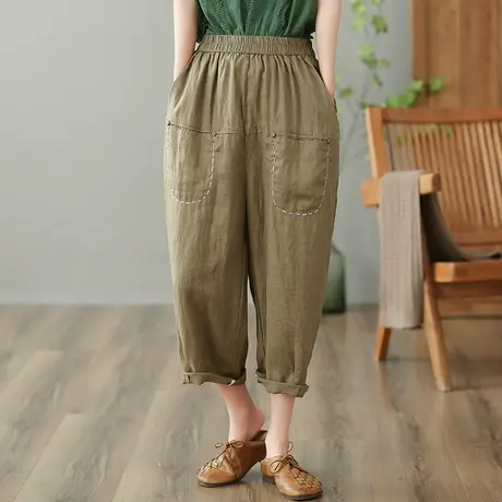 dza 高腰显瘦亚麻休闲裤女2023夏季薄款九分直筒裤宽松棉麻哈伦裤图片