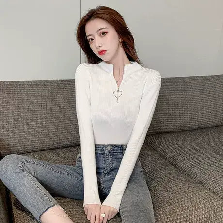 复古拉链半高领套头毛衣韩版气质显瘦长袖打底加厚针织衫上衣女商品大图