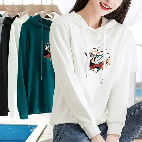 白色连帽卫衣女2024春秋新款修身内搭套头简约长袖打底衫印花上衣图片