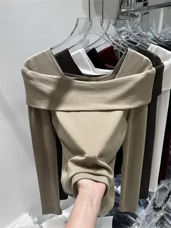 欧货性感弹力打底衫女设计感小众秋内搭修身长袖t恤一字肩上衣潮商品大图