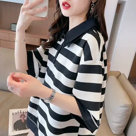 小众设计感短袖t恤女夏季韩版宽松大码小个子条纹翻领polo衫上衣图片