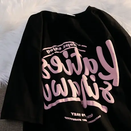 oversize大码黑暗风短袖国潮复古t恤ins胖mm炸街夏装港味chic上衣商品大图