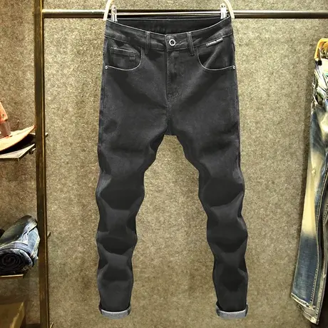 春季黑色牛仔裤男弹力修身小脚裤子个性潮牌时尚简约青年直筒长裤商品大图