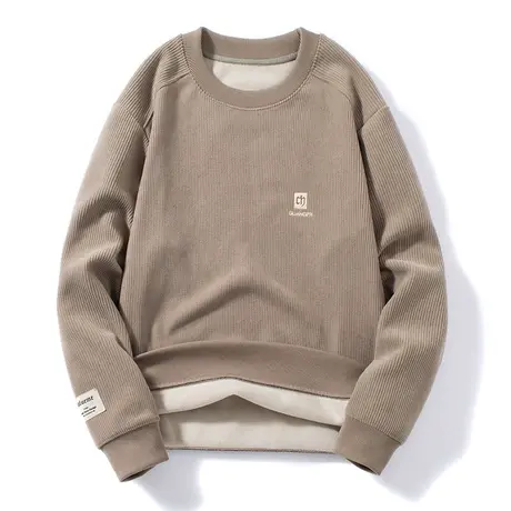 秋冬季休闲套头保暖一体绒上衣加绒加厚卫衣男无帽圆领打底衫内搭商品大图