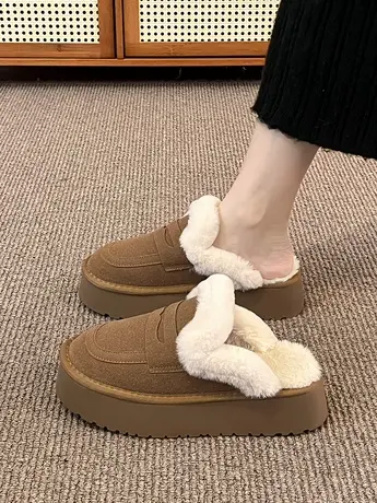 复古加绒勃肯鞋女2023秋冬季新款外穿百搭懒人一脚蹬厚底包头拖鞋商品大图