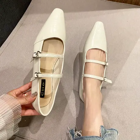 法式浅口单鞋女2024年夏季新款一字扣带尖头气质平底玛丽珍职业鞋图片