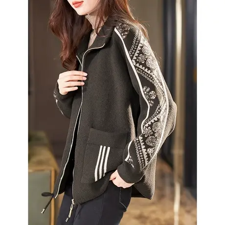 宝诗黎立领提花拉链慵懒上衣拉链开衫2023秋季新款复古慵懒外套女商品大图