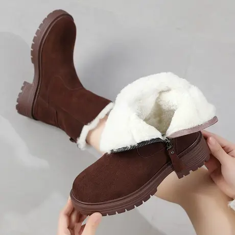 短靴女2023新款冬款大码雪地靴女41一43厚底翻毛皮平底加厚棉靴商品大图